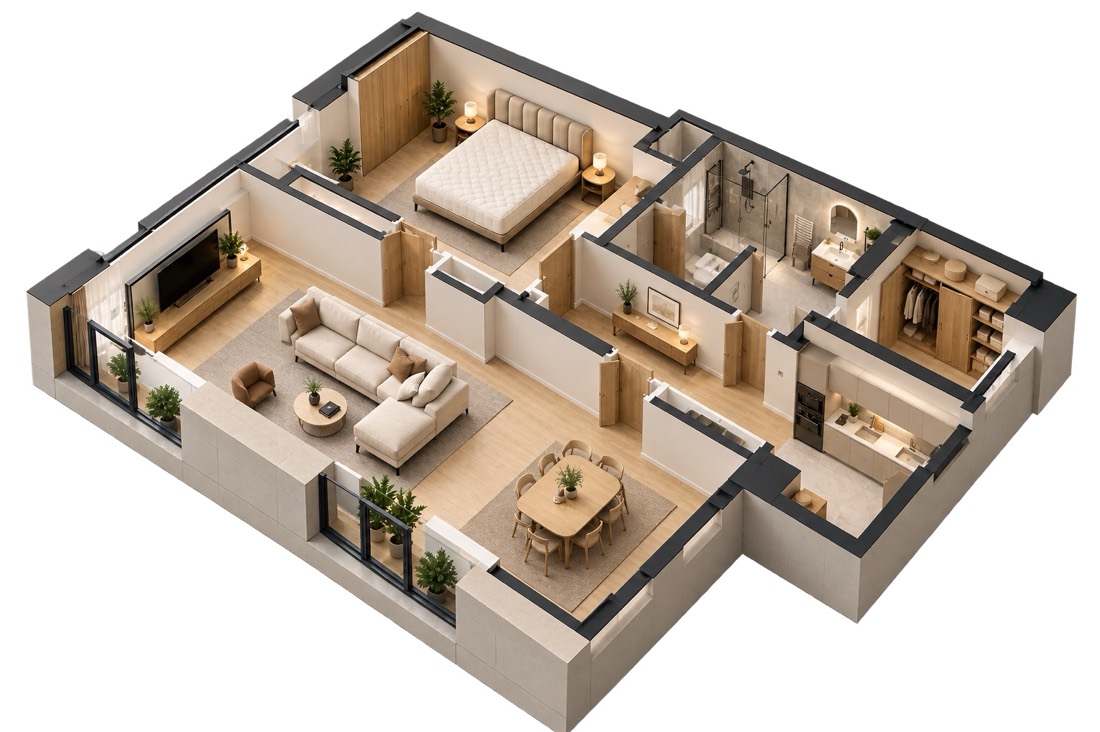 Appartement en coupe, vu en 3D : chambre, salon, salle à manger, cuisine, salle de bains et dressing.