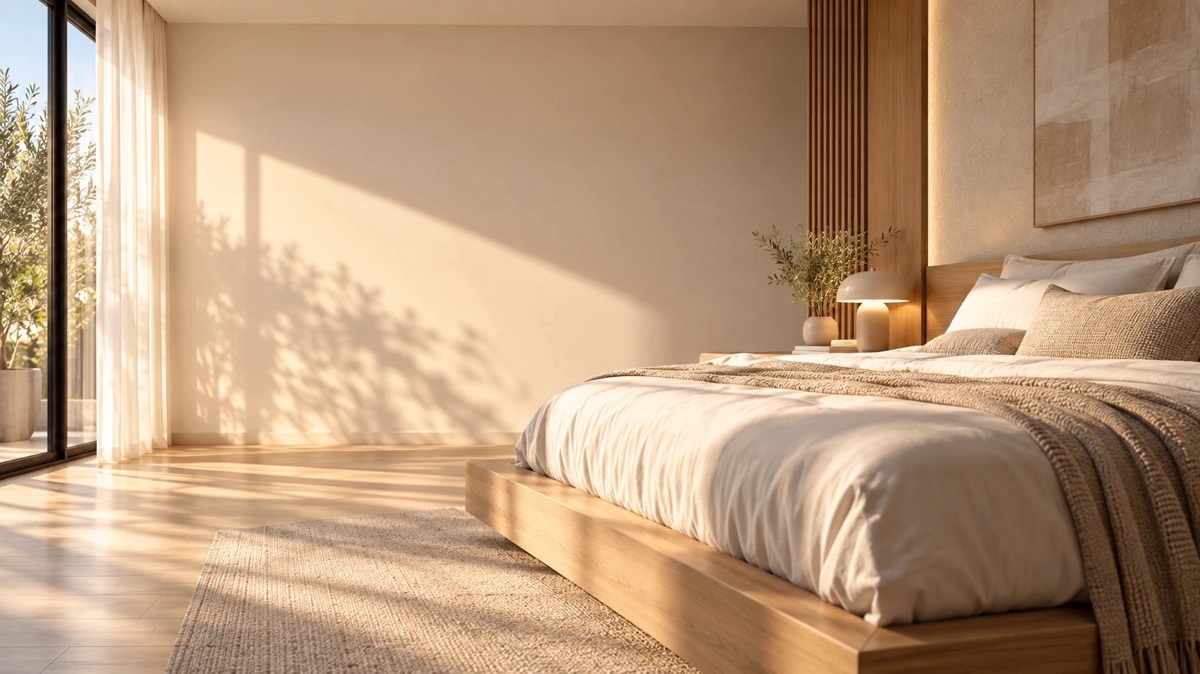 Chambre calme et lumineuse : lit en bois clair, linge ivoire, lumière du matin.