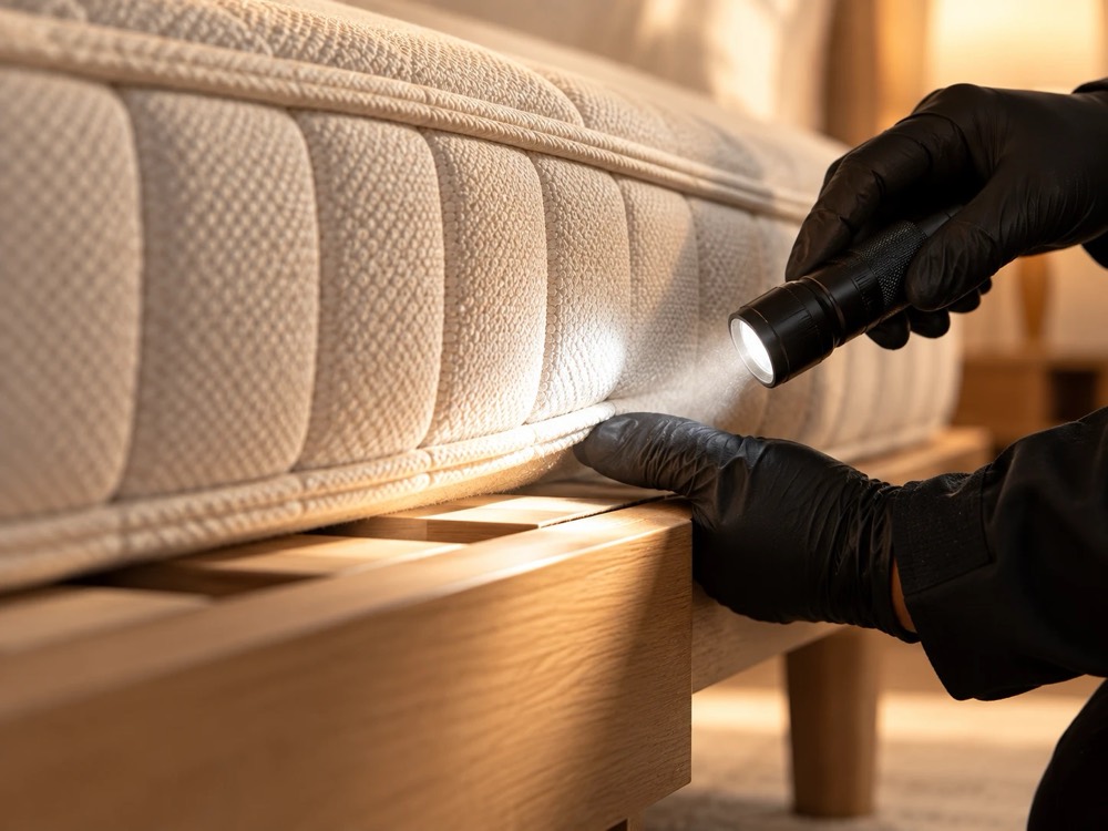 Main gantée de noir éclairant à la lampe la couture d’un matelas et le sommier en bois clair.