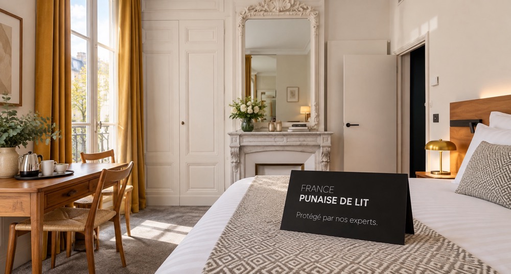 Chambre d’appartement à moulures et cheminée, chevalet « France Punaise de Lit — Protégé par nos experts » sur le lit.