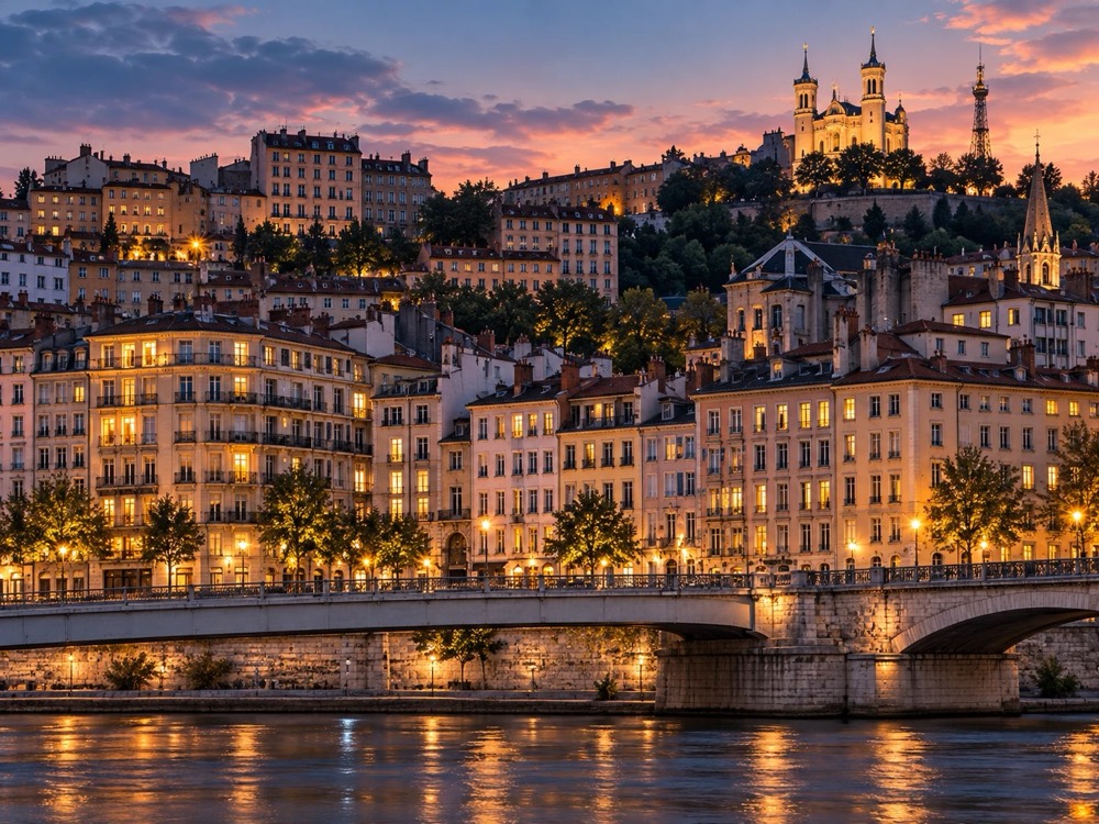 Les quais de Lyon au crépuscule, façades éclairées et basilique de Fourvière sur la colline.
