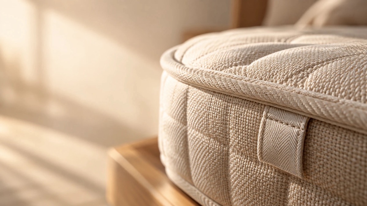Coin d’un matelas en gros plan : passepoil, coutures et étiquette, dans une lumière rasante.