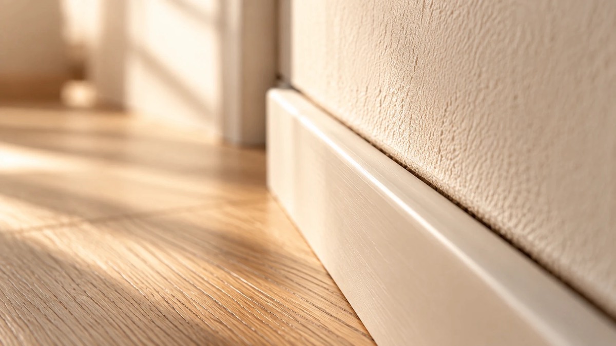 Jonction en gros plan d’une plinthe blanche, d’un mur ivoire et d’un parquet en chêne clair, dans une lumière rasante.
