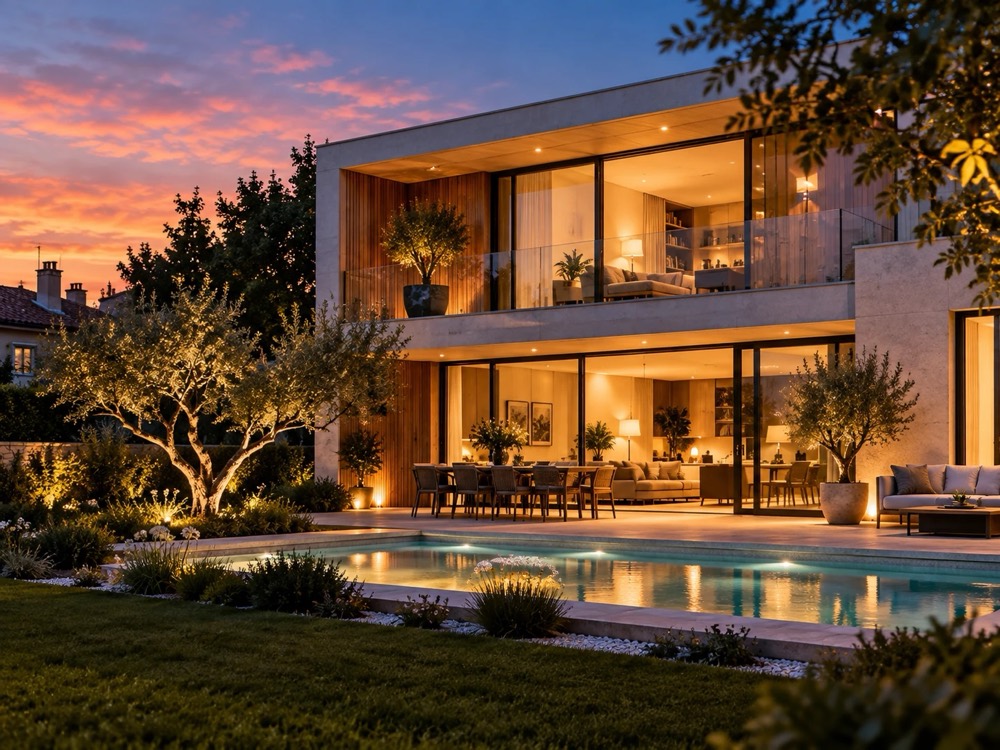 Maison contemporaine en bois et pierre claire au crépuscule, baies vitrées éclairées et jardin.