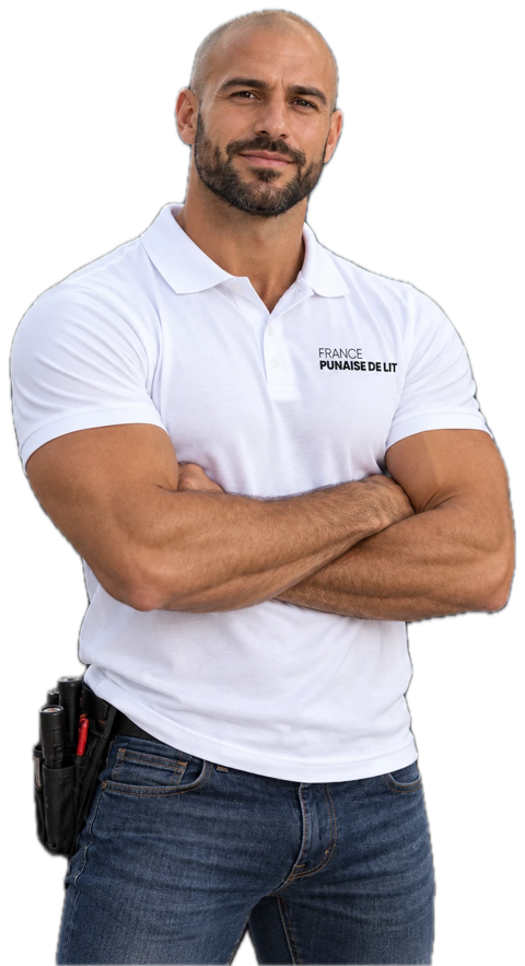 Technicien France Punaise de Lit en polo blanc, bras croisés, une ceinture à outils à la taille.