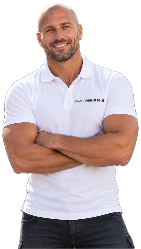 Technicien France Punaise de Lit en polo blanc, souriant, bras croisés.