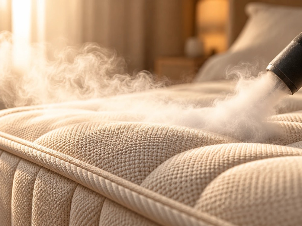 Buse de vapeur sèche au-dessus d’un matelas beige : la vapeur glisse sur le tissu.