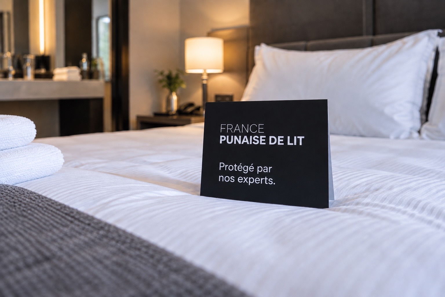 Chambre d’hôtel au lit fait, chevalet « France Punaise de Lit — Protégé par nos experts » posé sur la couette.
