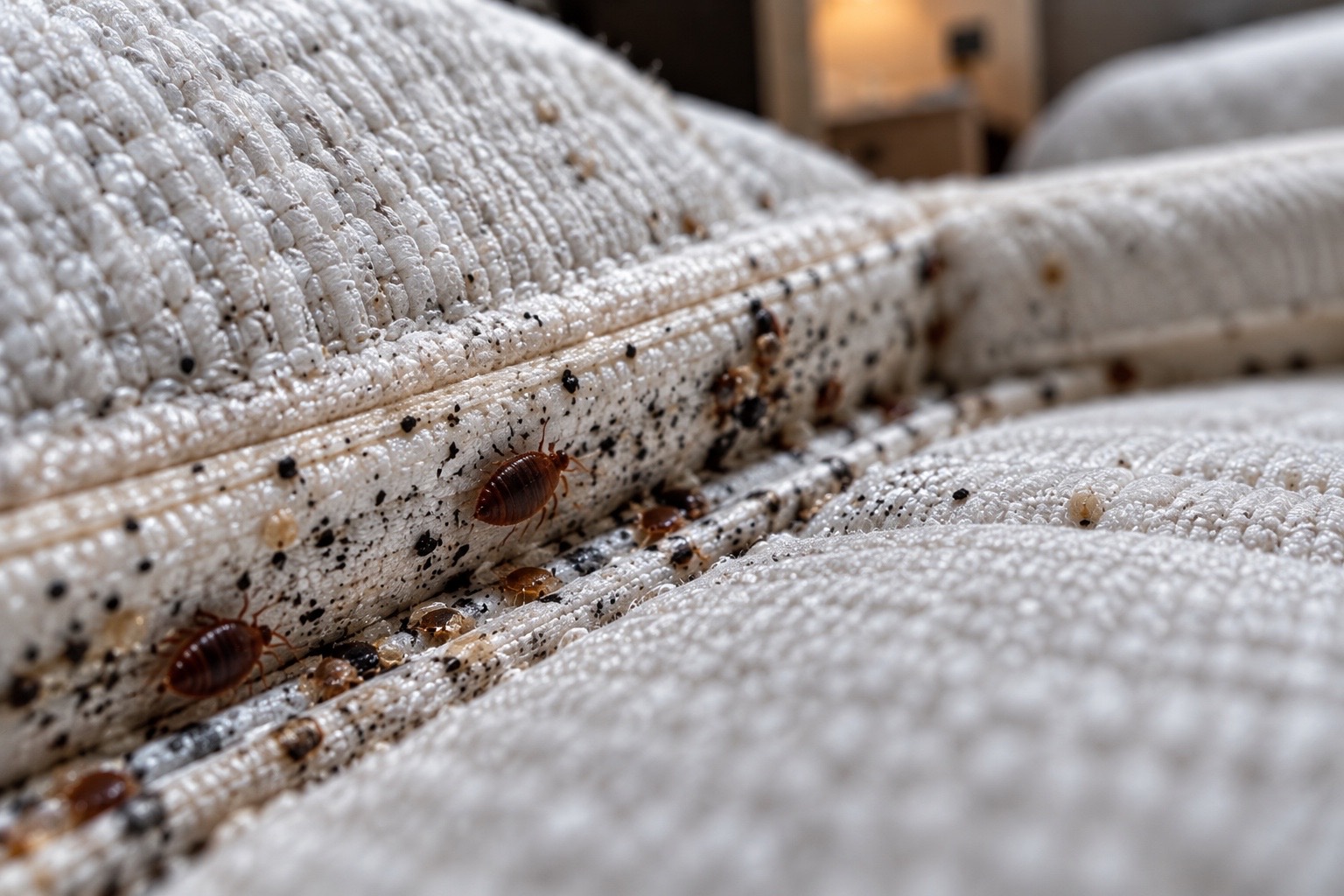 Punaises de lit, œufs et déjections noires dans la couture d’un matelas, en gros plan.
