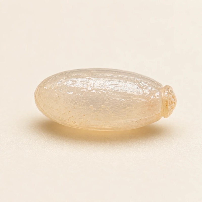 Œuf de punaise de lit, blanc nacré, en vue agrandie.